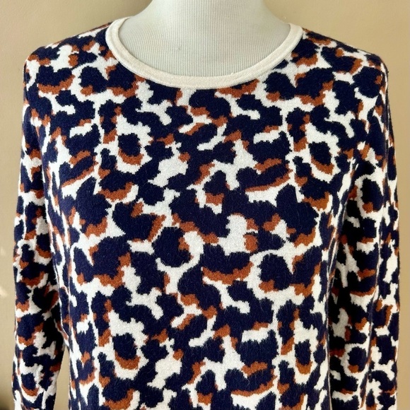 Ann Taylor Leopard Wool Blend Sweater Crew Neck 3/4 Sleeve Navy Brown Cream L - Picture 4 of 10